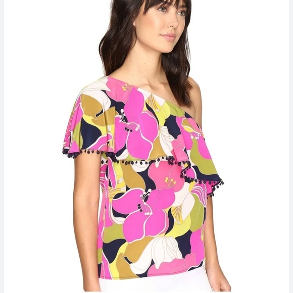 Trina Turk Tops - Trina Turk Kahe One Shoulder Floral Silk Top With Ruffle Overlay *Pink Spots* M
